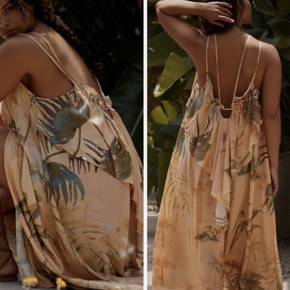 Anthropologie Beige and Olive Floral Maxi Dress - Picture 4 of 6